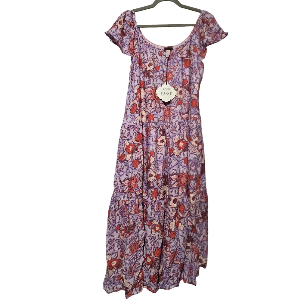 Knox Rose Purple Floral Tiered Midi Dress Womens Medium Boho Flutter Sleeve New